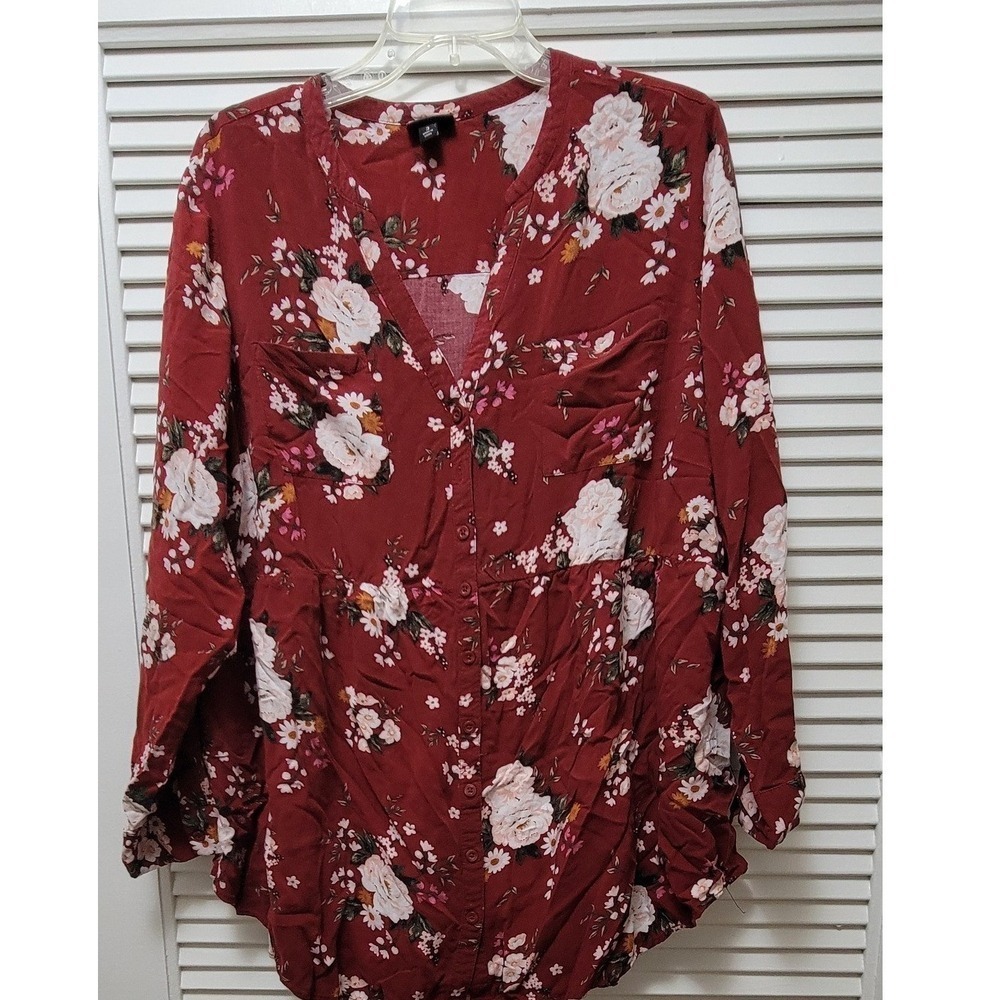 Torrid Womens 3 Floral Button Front Blouse Burgundy Red Rayon Babydoll Top